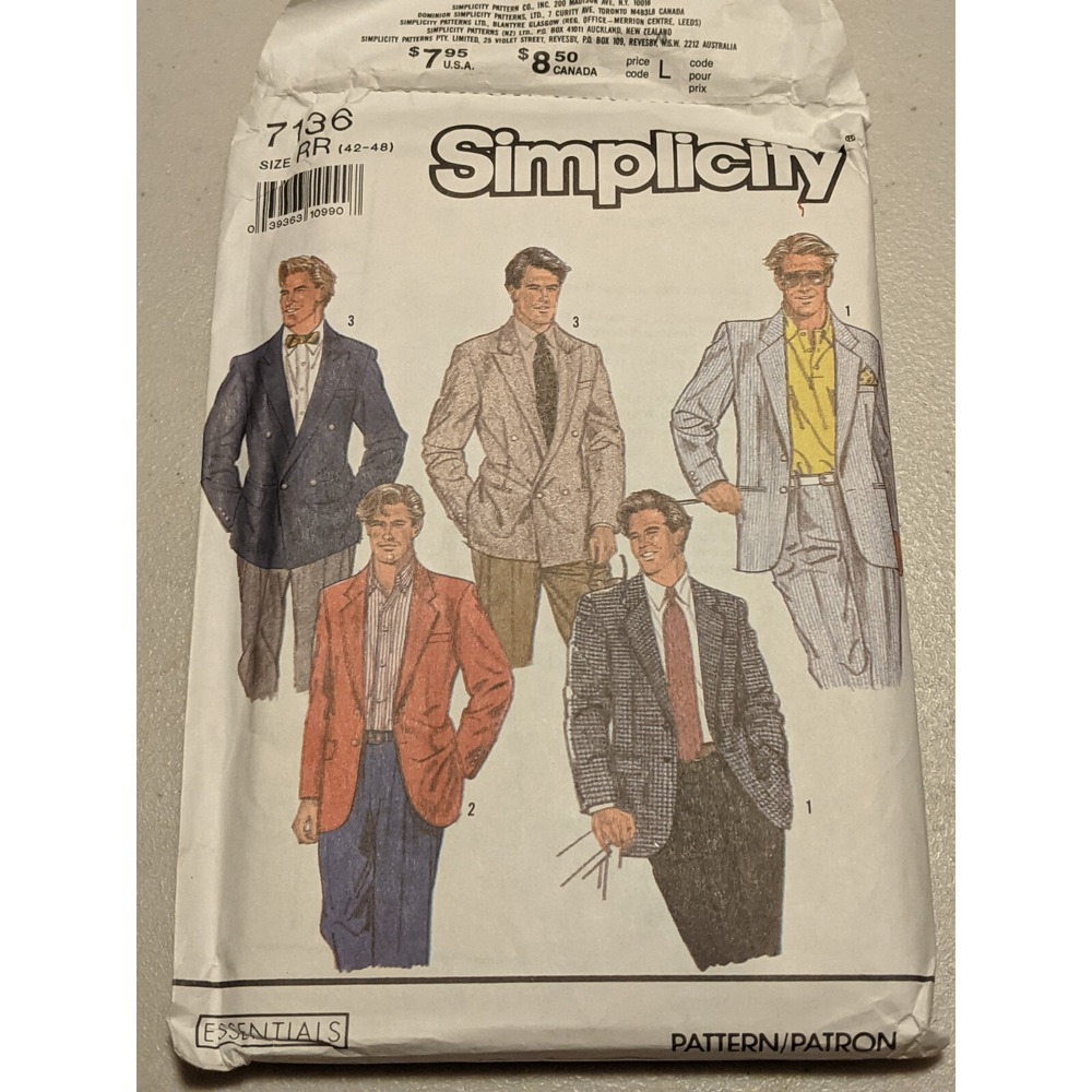 Simplicity 7136 Mens 42-48 Single/Double Breasted Lined Jacket Sewing Pattern